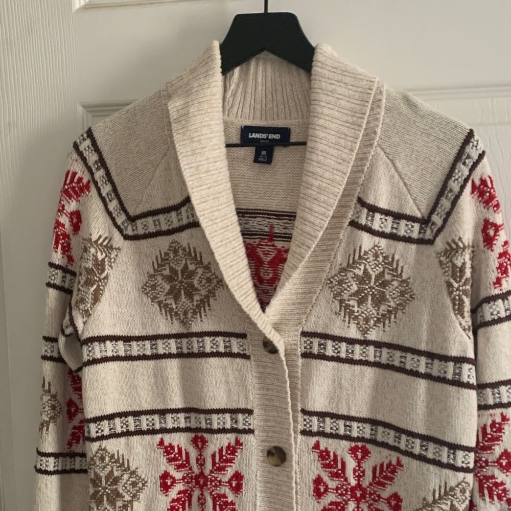 Lands' End Women's Beige and Red Knit Cardigan - Picture 8 of 15